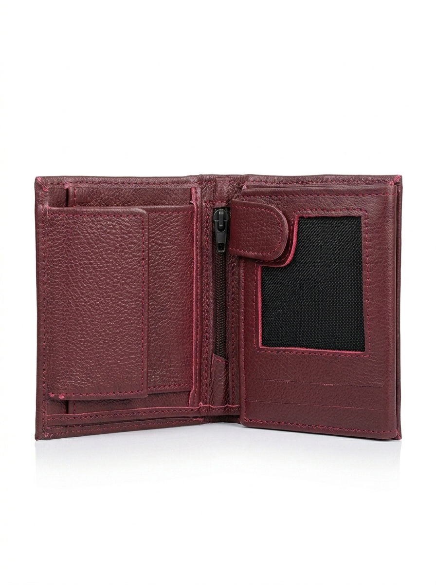 Burgundy Genuine Leather Bifold Wallet – Zipper Coin Pocket & ID Window - Image 2