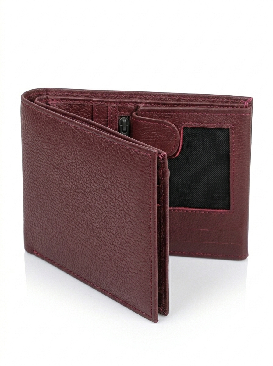 Burgundy Genuine Leather Bifold Wallet – Zipper Coin Pocket & ID Window