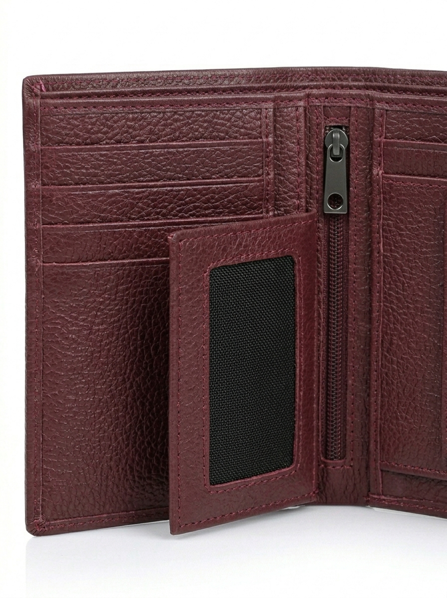 Burgundy Genuine Leather Bifold Wallet – Zipper Coin Pocket & ID Window - Image 3