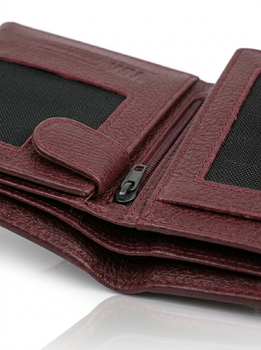 Burgundy Genuine Leather Bifold Wallet – Zipper Coin Pocket & ID Window - Image 4