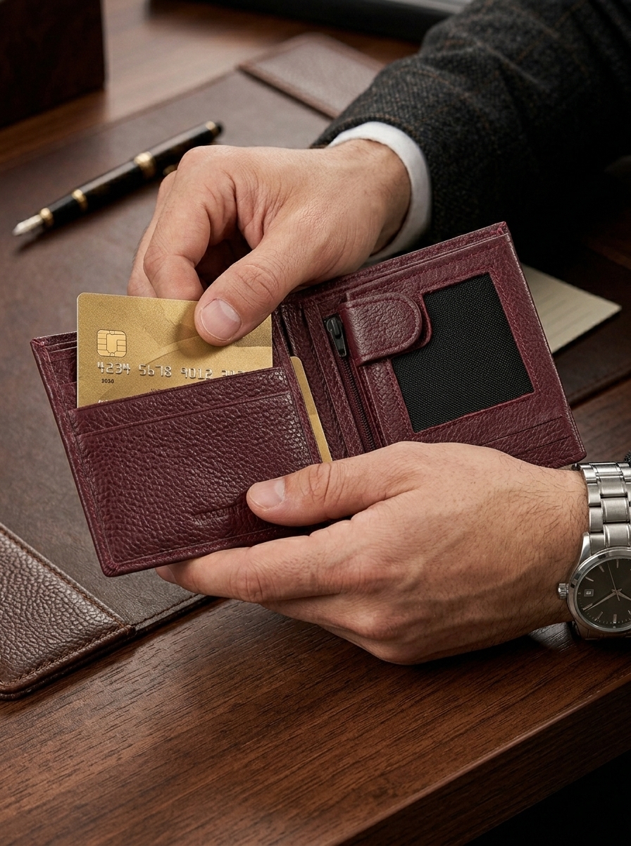 Burgundy Genuine Leather Bifold Wallet – Zipper Coin Pocket & ID Window - Image 5