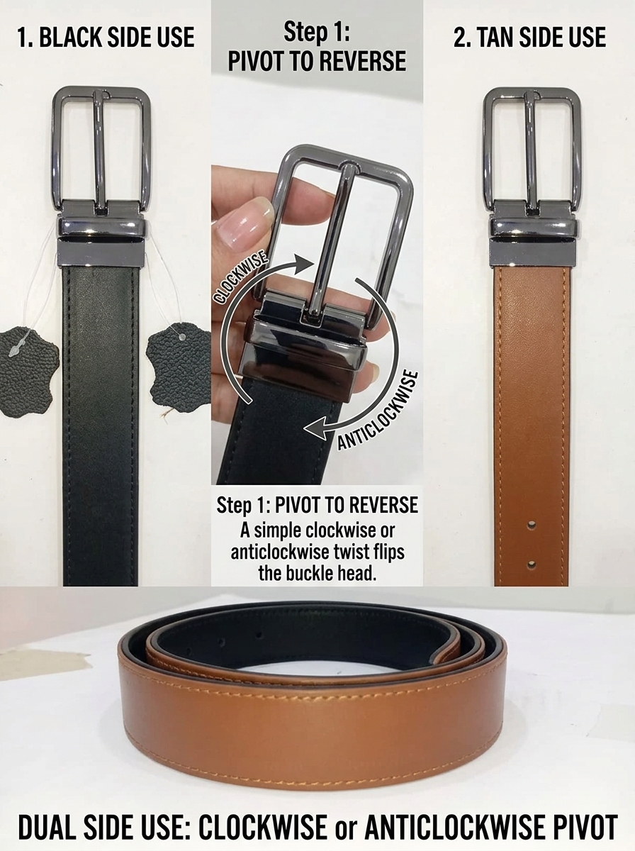 Premium Reversible Genuine Leather Belt for Men – Black & Tan Dual-Sided Design - Image 3