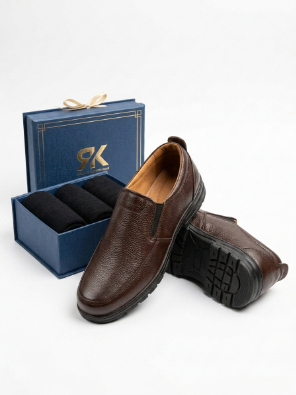 Men's Premium Pure Leather Brown Slip-On Loafers with FREE Premium Socks Gift Box