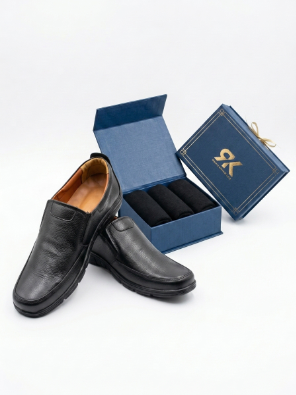 Men's Premium Pure Leather Black Slip-On Loafers with FREE Premium Socks Gift Box